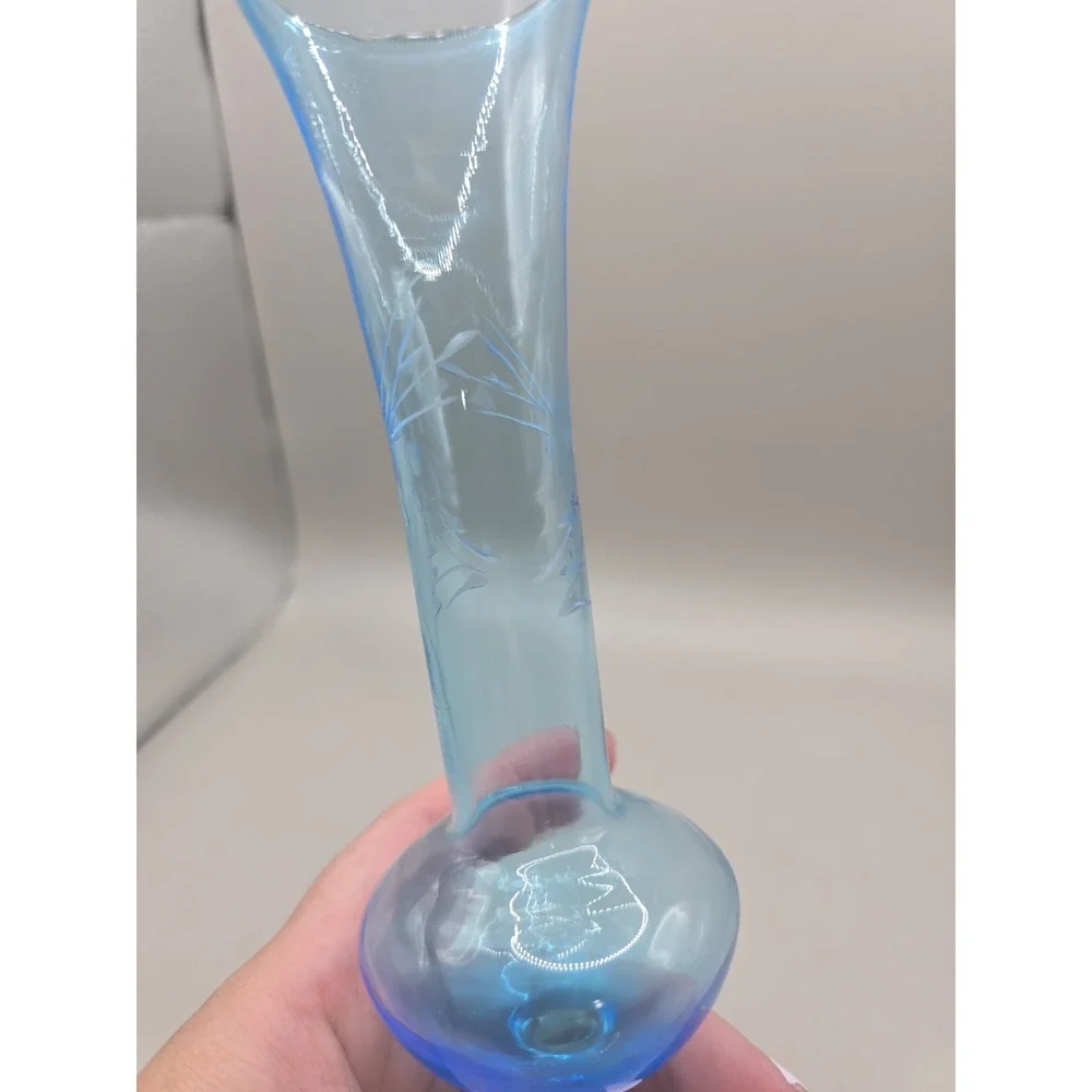 Vintage Blue Etched Floral Glass Bud Vase 8.5 X 2 Inches